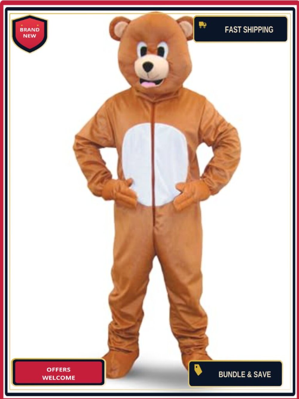 Bear Mascot Costume Full Body Animal Suit Adult Jumpsuit & Mask